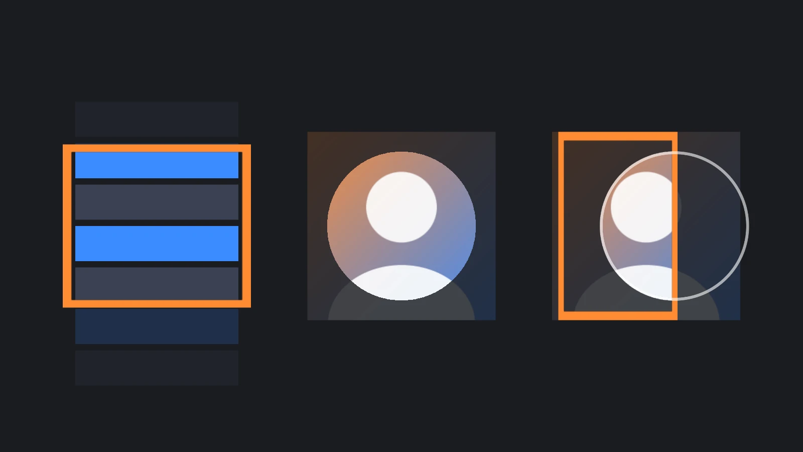 Three masks: a rectangle that crops a list of rows, a circle that crops a square picture into a round avatar, and a circle inside a rectangle whose content shows only where the two overlap. Faint copies show what each mask cuts away